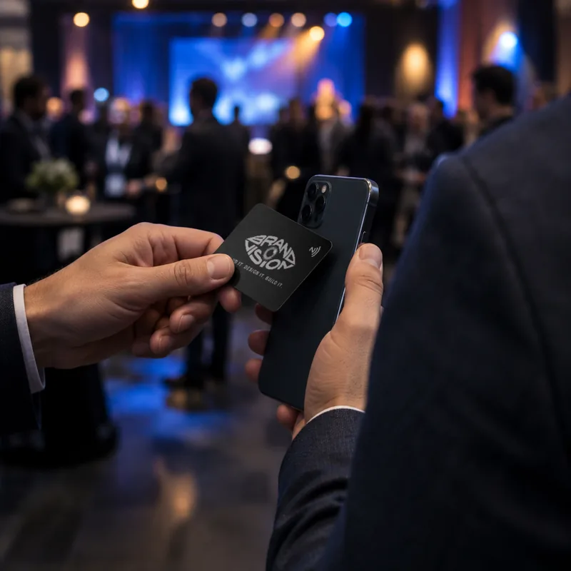 Priloženie kovovej NFC vizitky k telefónu na konferencii