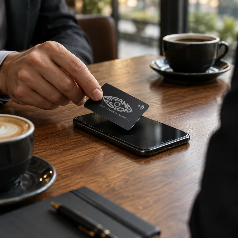 NFC vizitka priložená k telefónu na stole počas stretnutia s klientom